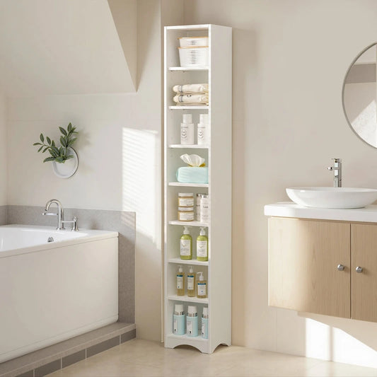 70.9 Inches Tall Bathroom Narrow Linen Cabinet, 8 Tiers Solid Wood Freestanding Storage Cabinet