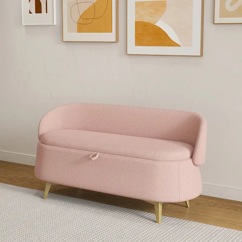 Banc de rangement en tissu peluche avec pieds en métal, tabouret rectangulaire multifonctionnel