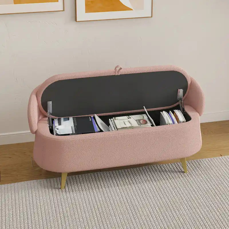 Banc de rangement en tissu peluche avec pieds en métal, tabouret rectangulaire multifonctionnel
