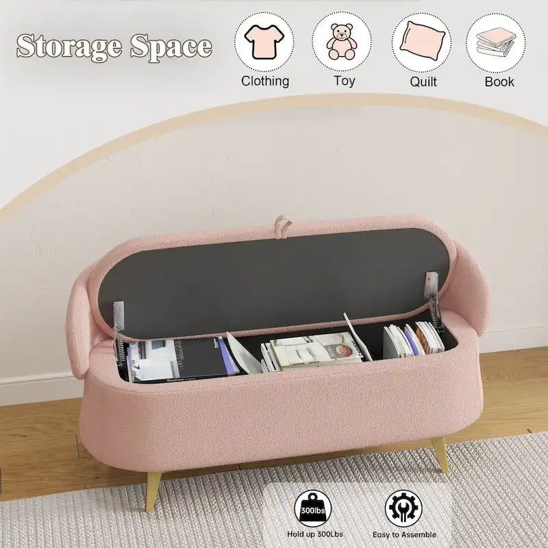 Banc de rangement en tissu peluche avec pieds en métal, tabouret rectangulaire multifonctionnel