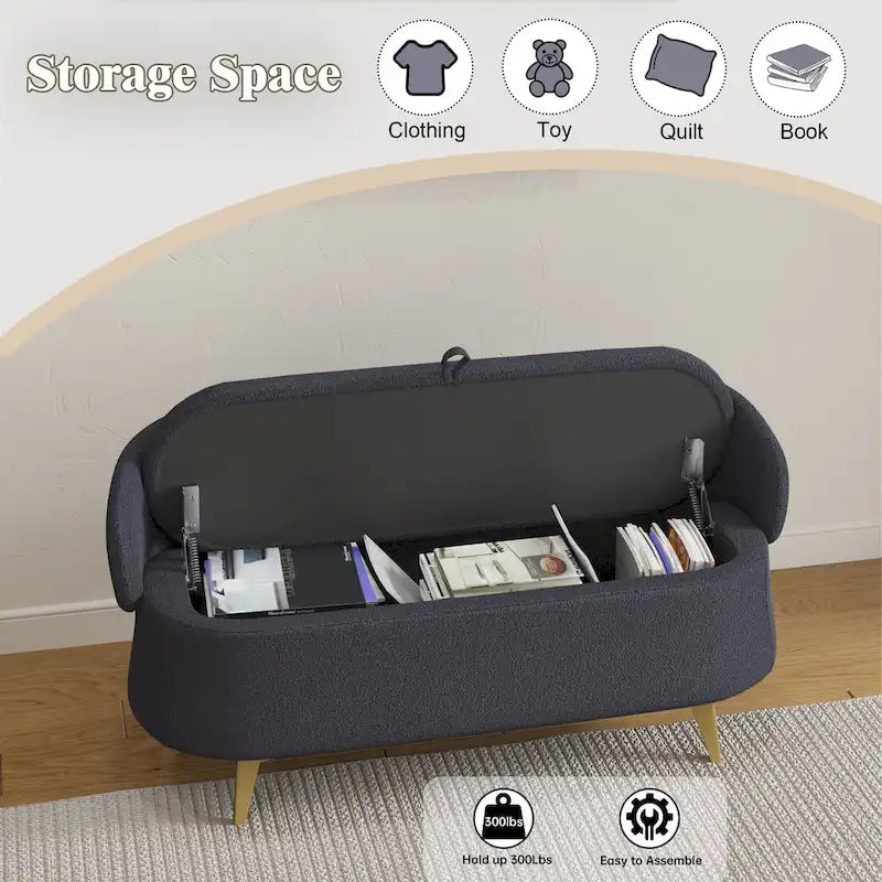 Banc de rangement en tissu peluche avec pieds en métal, tabouret rectangulaire multifonctionnel