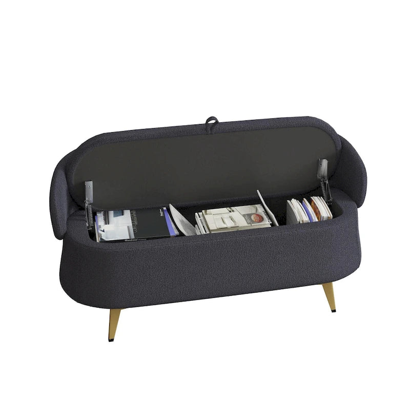 Banc de rangement en tissu peluche avec pieds en métal, tabouret rectangulaire multifonctionnel