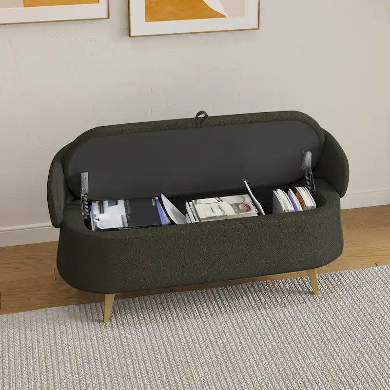 Banc de rangement en tissu peluche avec pieds en métal, tabouret rectangulaire multifonctionnel