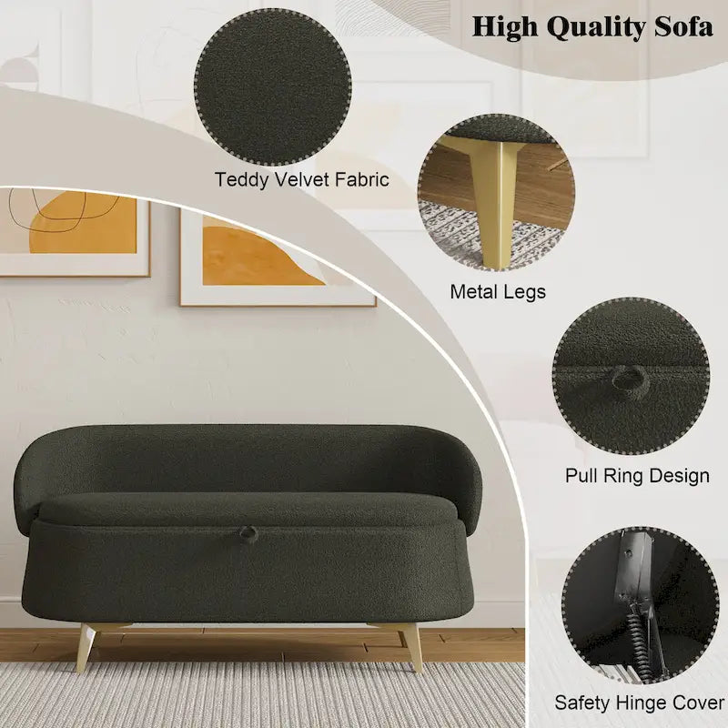 Banc de rangement en tissu peluche avec pieds en métal, tabouret rectangulaire multifonctionnel