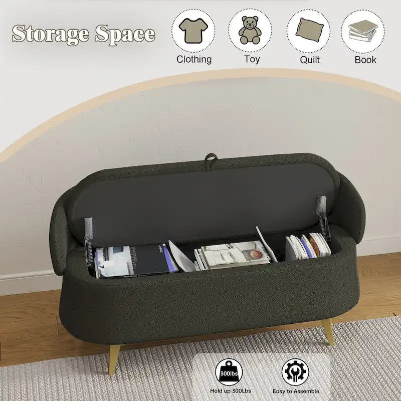 Banc de rangement en tissu peluche avec pieds en métal, tabouret rectangulaire multifonctionnel