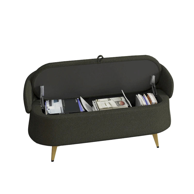 Banc de rangement en tissu peluche avec pieds en métal, tabouret rectangulaire multifonctionnel
