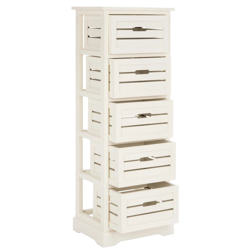 Meuble à 5 tiroirs crème, style côtier antique, bois de pin, 17L x 13P x 47H