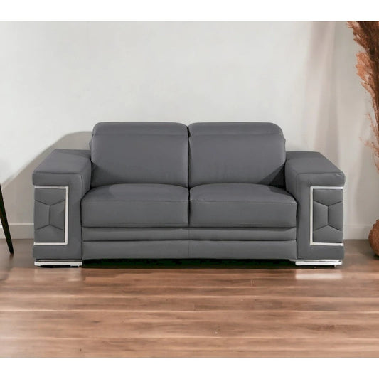   71  Gray And Silver Genuine Leather Loveseat
