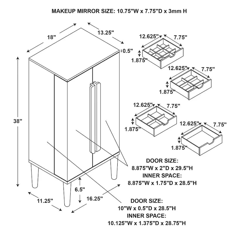 Armoire à bijoux en bois massif sur pieds coniques, Marron, 38H x 18W x 13.25D