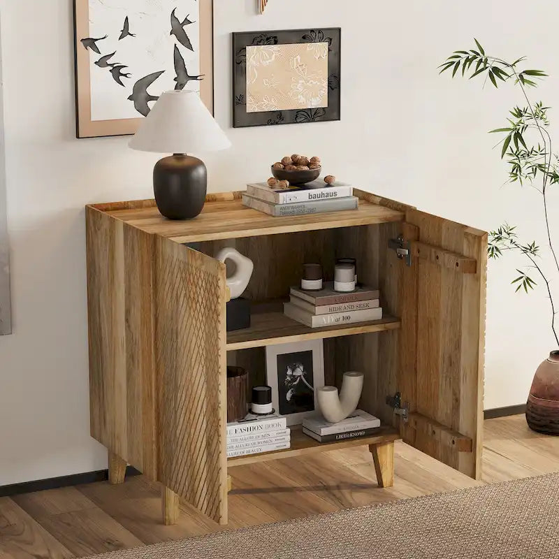Meuble bas d'appoint cannelé 28W avec étagère réglable, bois de manguier