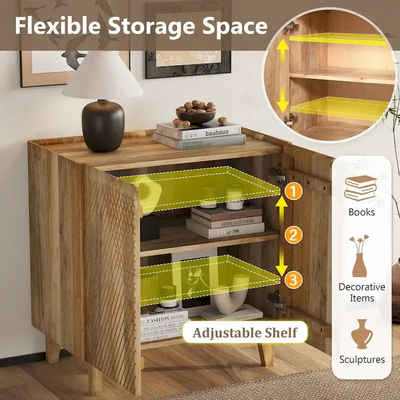Meuble bas d'appoint cannelé 28W avec étagère réglable, bois de manguier