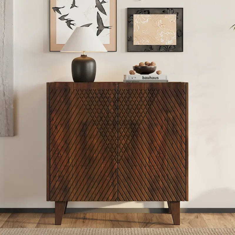 Meuble bas d'appoint cannelé 28W avec étagère réglable, bois de manguier