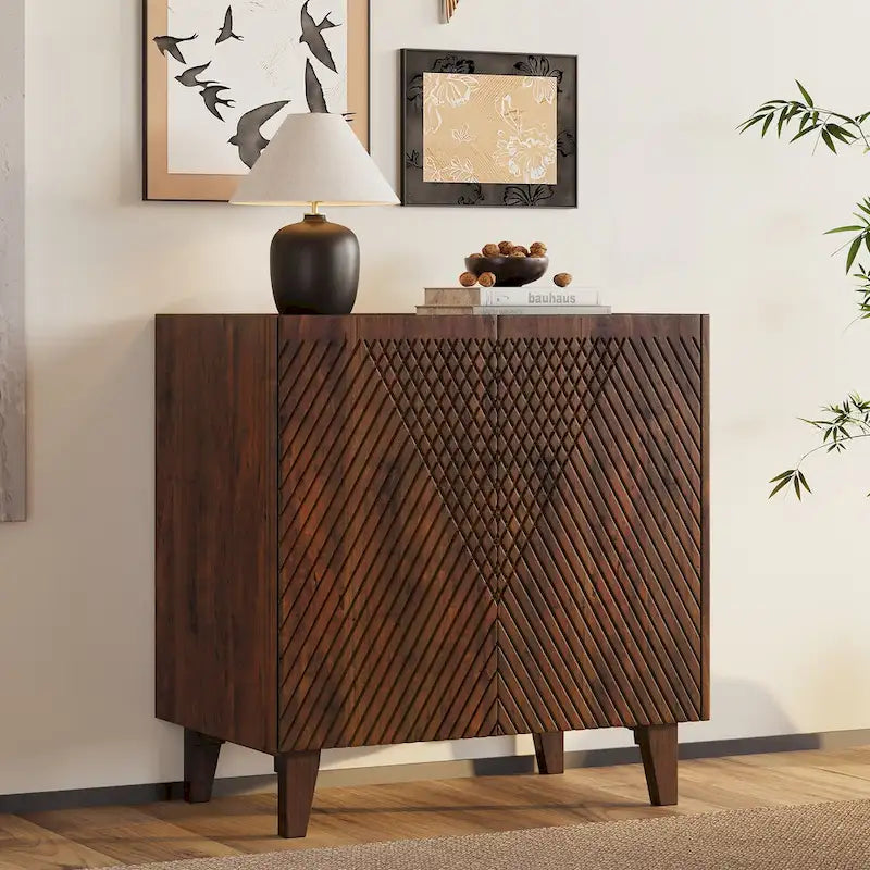 Meuble bas d'appoint cannelé 28W avec étagère réglable, bois de manguier
