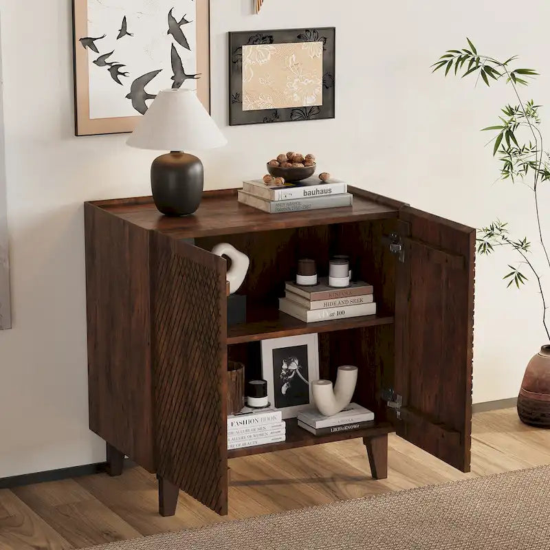 Meuble bas d'appoint cannelé 28W avec étagère réglable, bois de manguier