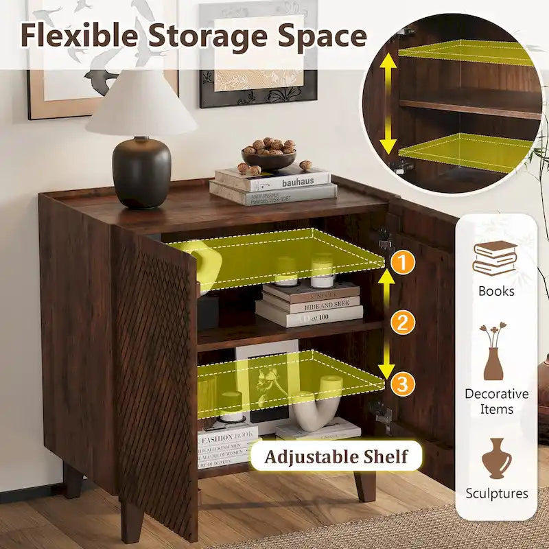 Meuble bas d'appoint cannelé 28W avec étagère réglable, bois de manguier