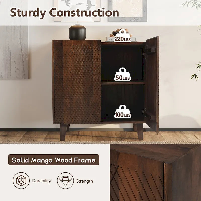 Meuble bas d'appoint cannelé 28W avec étagère réglable, bois de manguier