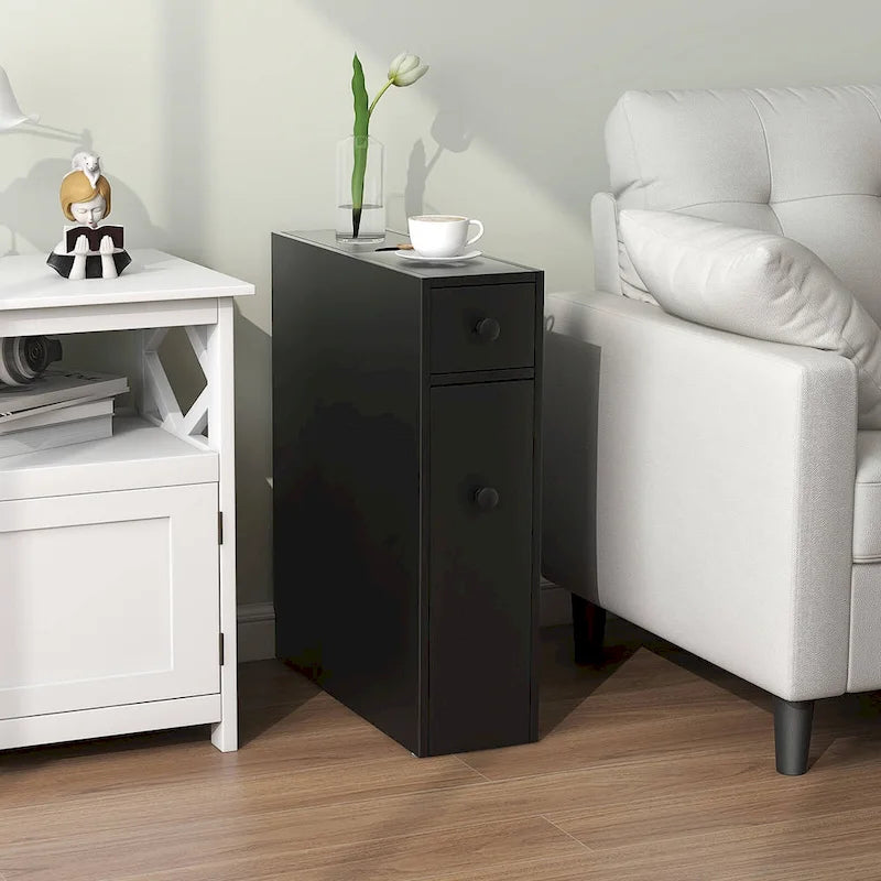 Meuble de Salle de Bain Étroit avec Dessus Relevable, Tiroir et 3 Étagères Coulissantes, Noir