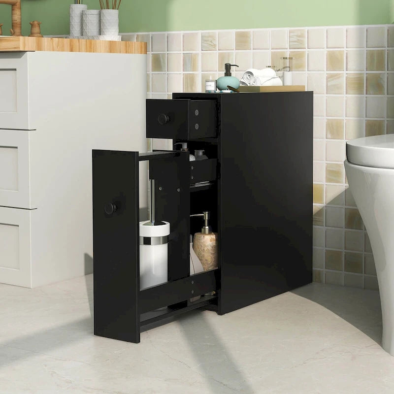 Meuble de Salle de Bain Étroit avec Dessus Relevable, Tiroir et 3 Étagères Coulissantes, Noir