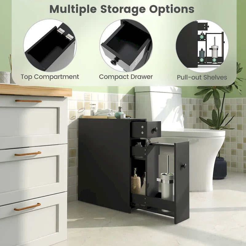 Meuble de Salle de Bain Étroit avec Dessus Relevable, Tiroir et 3 Étagères Coulissantes, Noir