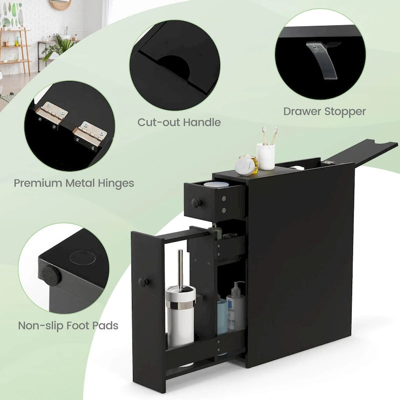 Meuble de Salle de Bain Étroit avec Dessus Relevable, Tiroir et 3 Étagères Coulissantes, Noir