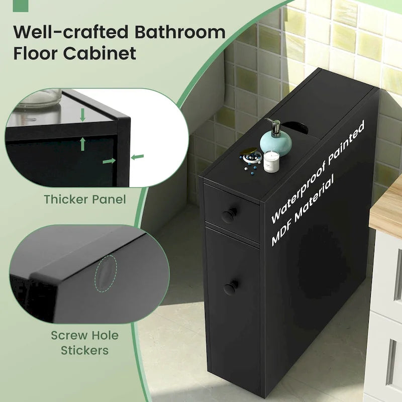 Meuble de Salle de Bain Étroit avec Dessus Relevable, Tiroir et 3 Étagères Coulissantes, Noir