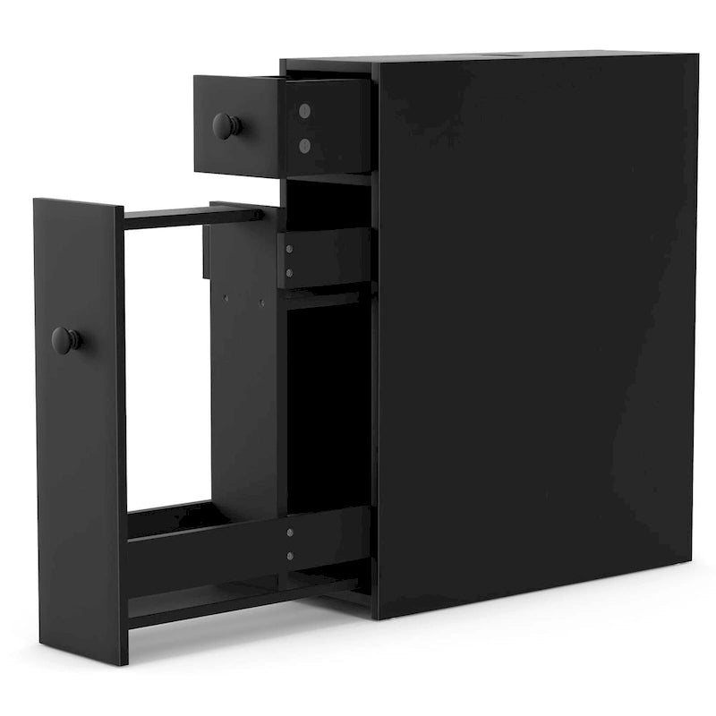 Meuble de Salle de Bain Étroit avec Dessus Relevable, Tiroir et 3 Étagères Coulissantes, Noir