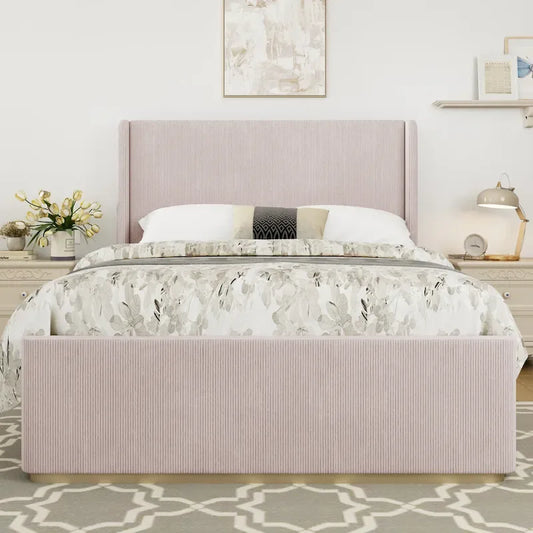 King Size Corduroy Upholstered Bed with 47  Wingback Headboard & Metal/Wood Frame (No Box Spring Needed)