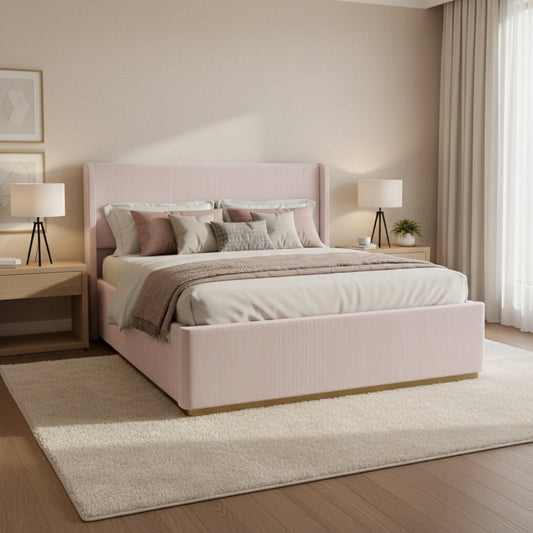 King Size Corduroy Upholstered Bed with 47  Wingback Headboard & Metal/Wood Frame (No Box Spring Needed)