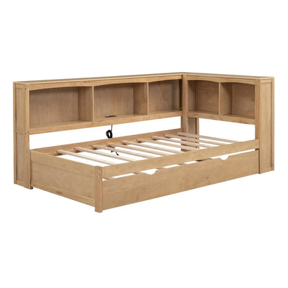 Twin Wooden Daybed with Trundle, Cabinets, and Charging Stations