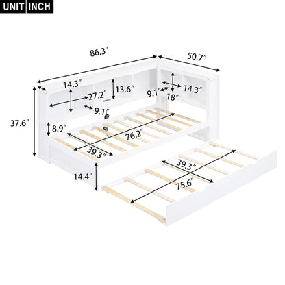 Twin Wooden Daybed with Trundle, Cabinets, and Charging Stations