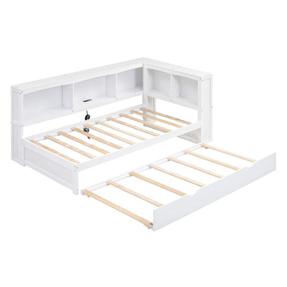 Twin Wooden Daybed with Trundle, Cabinets, and Charging Stations
