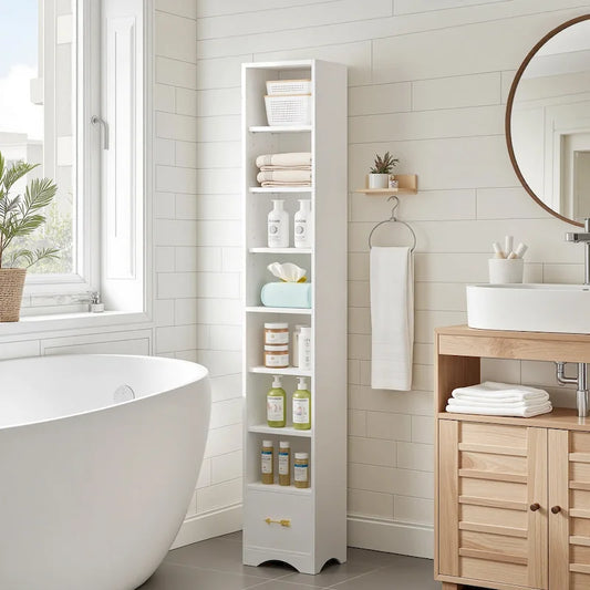   70.9 Inches Tall Bathroom Narrow Linen Cabinet, 8 Tiers Solid Wood Freestanding Storage Cabinet