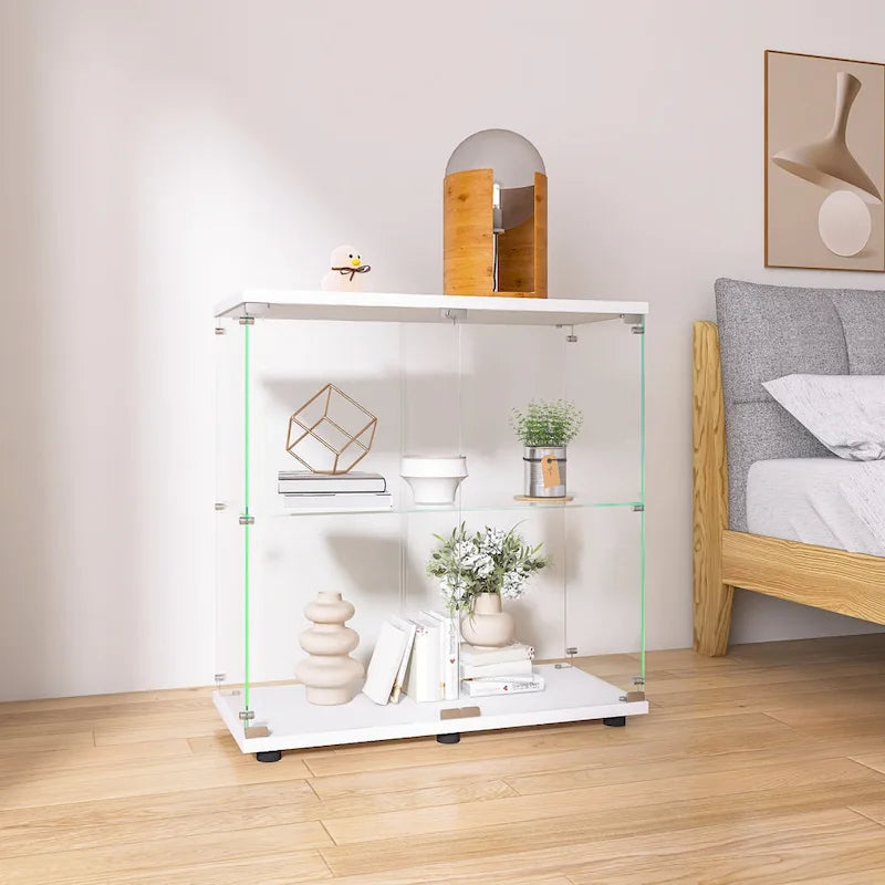 Vitrine en verre à deux portes avec 2 étagères, présentoir sur pied, 31,69L x 35,35H