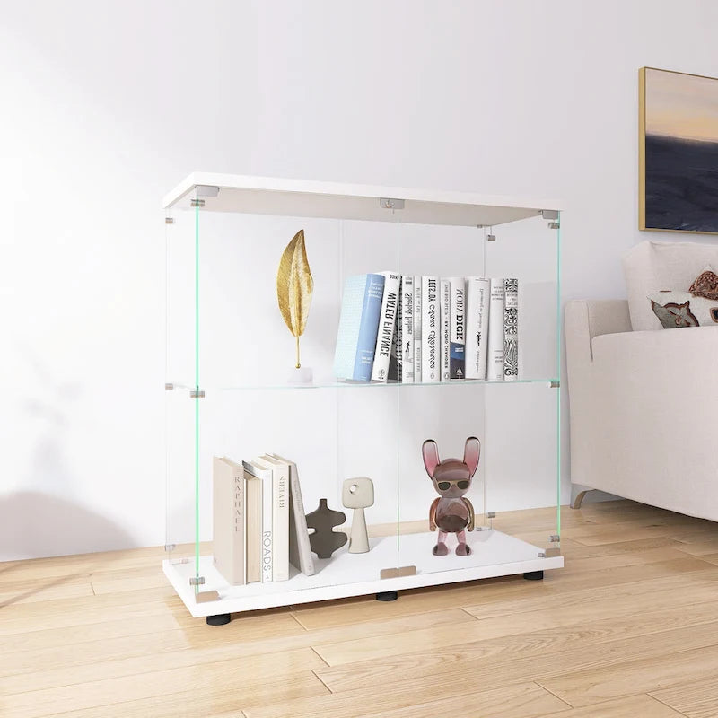 Vitrine en verre à deux portes avec 2 étagères, présentoir sur pied, 31,69L x 35,35H