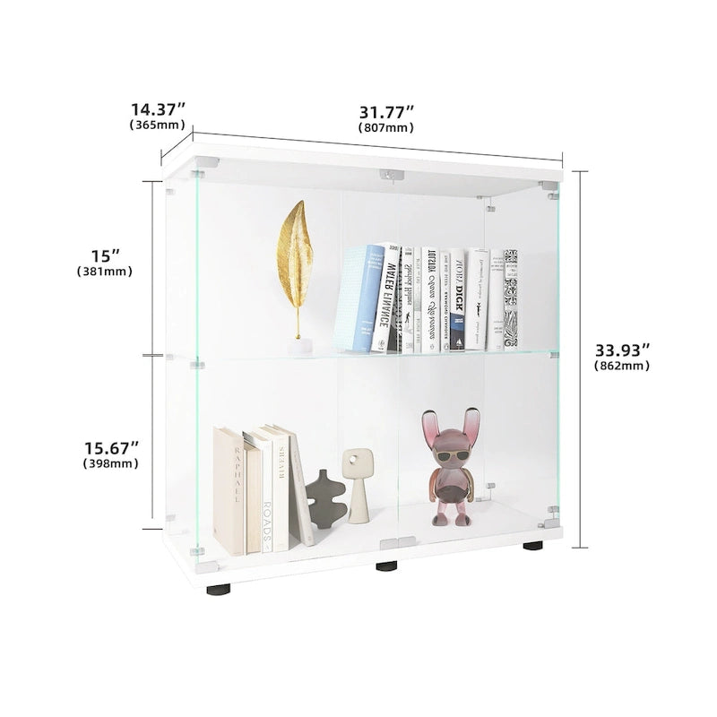 Vitrine en verre à deux portes avec 2 étagères, présentoir sur pied, 31,69L x 35,35H