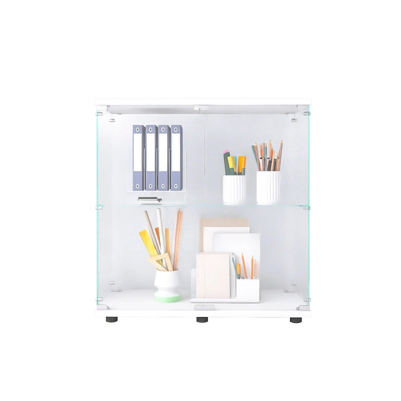 Vitrine en verre à deux portes avec 2 étagères, présentoir sur pied, 31,69L x 35,35H