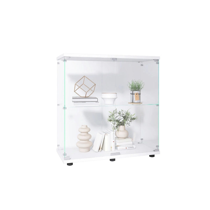Vitrine en verre à deux portes avec 2 étagères, présentoir sur pied, 31,69L x 35,35H