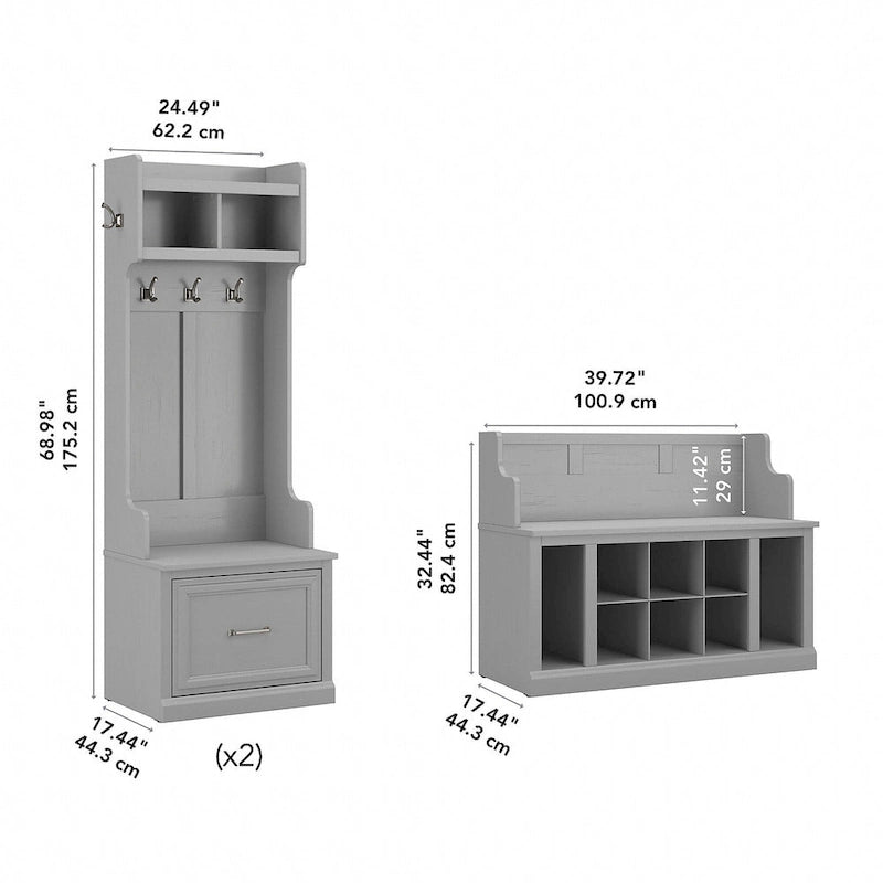 Portemanteau d'entrée et banc à chaussures avec tiroirs, patères et étagères casiers