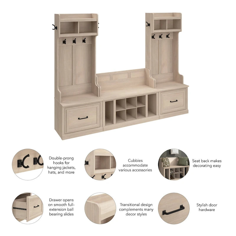 Portemanteau d'entrée et banc à chaussures avec tiroirs, patères et étagères casiers