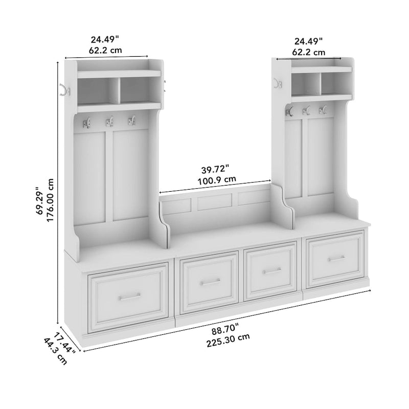 Portemanteau d'entrée et banc à chaussures avec tiroirs, patères et étagères casiers