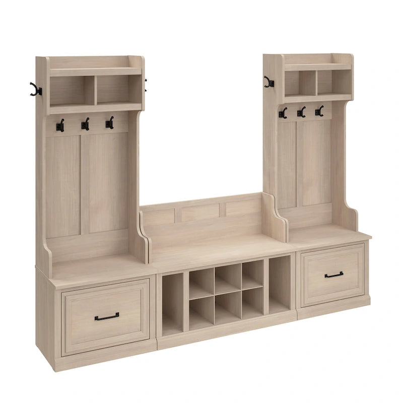 Portemanteau d'entrée et banc à chaussures avec tiroirs, patères et étagères casiers