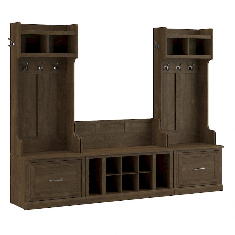 Portemanteau d'entrée et banc à chaussures avec tiroirs, patères et étagères casiers