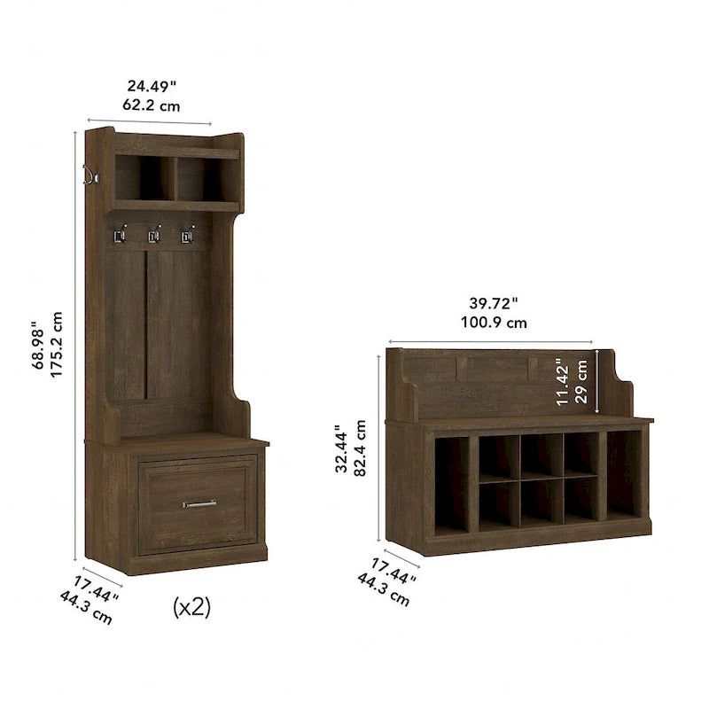 Portemanteau d'entrée et banc à chaussures avec tiroirs, patères et étagères casiers