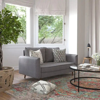 Compact Faux Linen Upholstered Loveseat with Wooden Legs