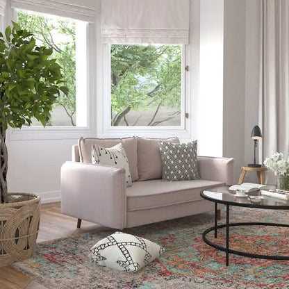 Compact Faux Linen Upholstered Loveseat with Wooden Legs