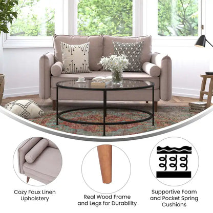 Compact Faux Linen Upholstered Loveseat with Wooden Legs