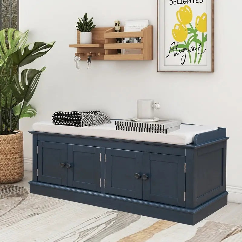 Banc de rangement pour entrée avec coussin amovible, 4 portes et étagères réglables