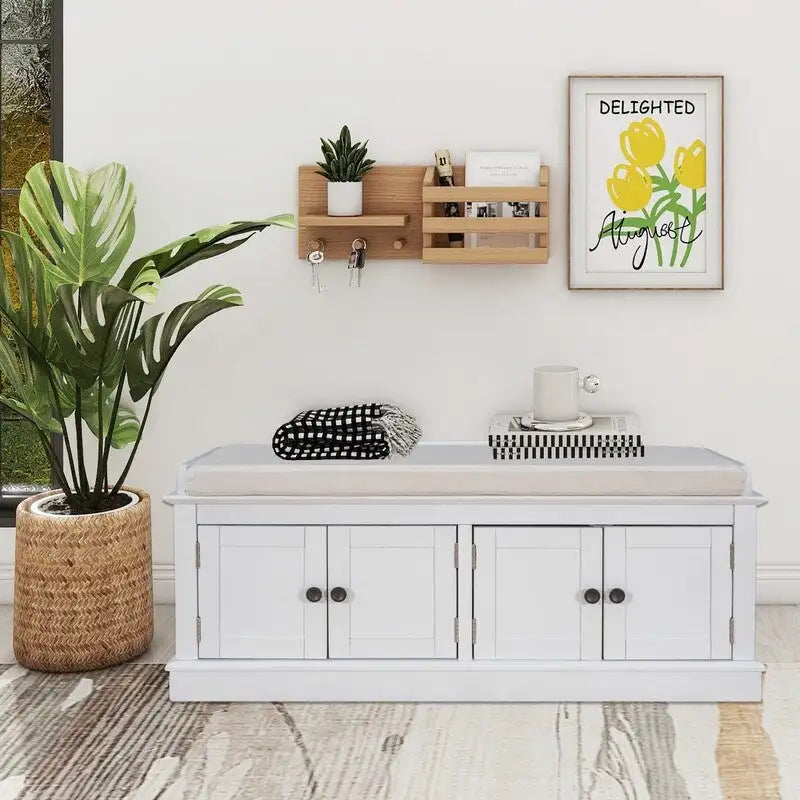 Banc de rangement pour entrée avec coussin amovible, 4 portes et étagères réglables