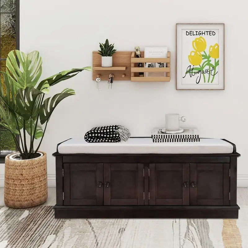 Banc de rangement pour entrée avec coussin amovible, 4 portes et étagères réglables