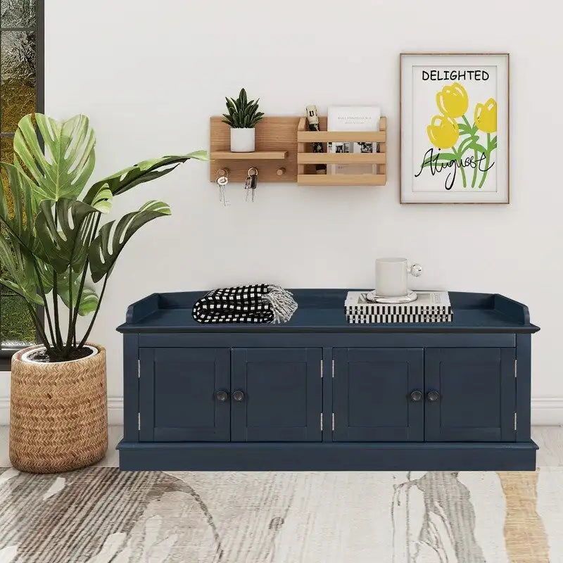 Banc de rangement pour entrée avec coussin amovible, 4 portes et étagères réglables